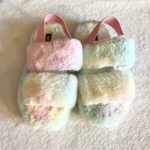 Kensie Fluffy Slide Slippers Size Small 6 / 7 New Pastel Pink Green Tie Dye